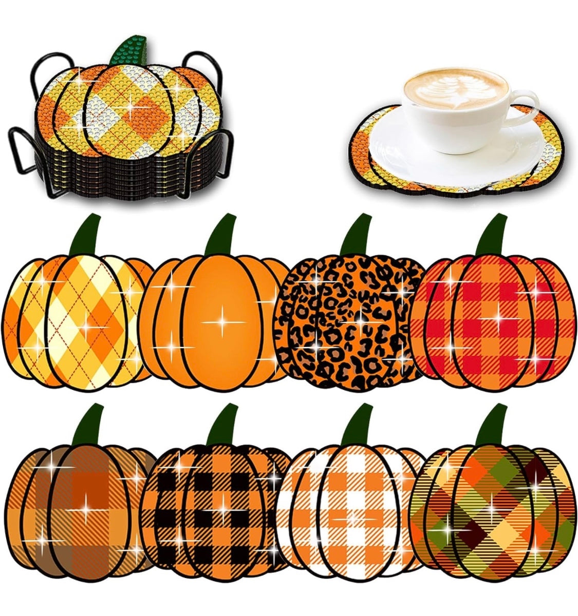 Set of 8 Fall Coasters!! Pumpkin Shaped Coaster!! Patterned Pumpkins!! Made to Order!!