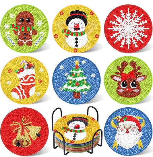 Set of 8 Christmas Coasters!! Snowflakes!! Snowman!!! Gingerbread Man!! Stocking!! Christmas Tree!! Reindeer!! Bells!! Santa Claus!! Made to Order!!