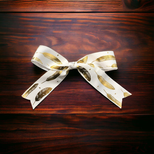 White Ribbon with Gold Feathers Monogram Hair Bows!! Hairbow!!