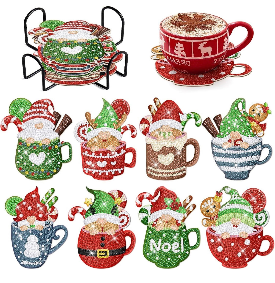 Set of 8 Christmas Coasters!! Coffee Cup Coasters! Gnome! Christmas! Christmas Coasters! Made to Order!!