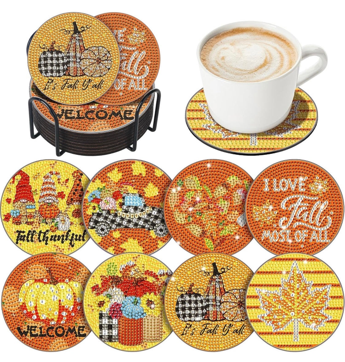 Set of 8 Fall Coasters!! I Love Fall Most of All!! Gnomes!! Maple Leaf!! Flowers!!! Welcome!! Pumpkins!! Made to Order